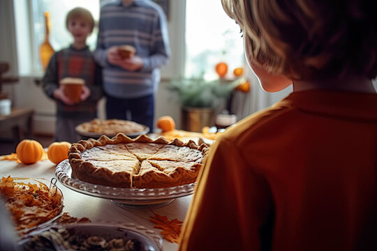 Generative AI illustration of anonymous kid serving delicious sliced pumpkin pie as centerpiece of festive table while celebrating Thanksgiving day with family