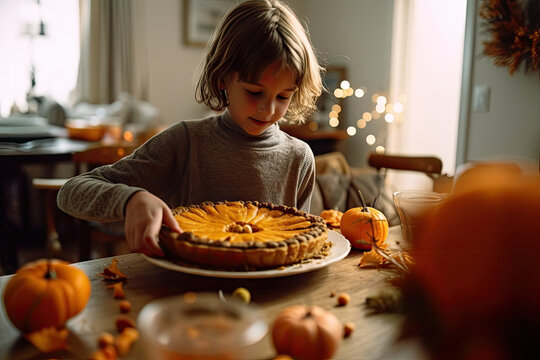 Generative AI illustration of adorable boy in beige turtleneck serving fresh baked pumpkin pie on wooden table for Thanksgiving celebration