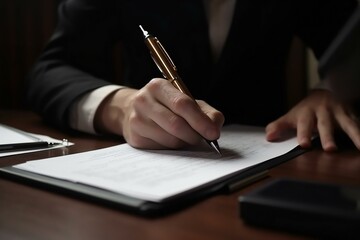 Office employee working with documents close-up view. Businessman signing a document or application. Generative AI