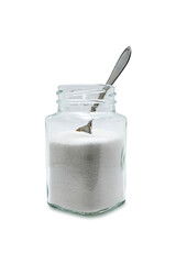 Salt in a glass jar with the spoon, isolated on white