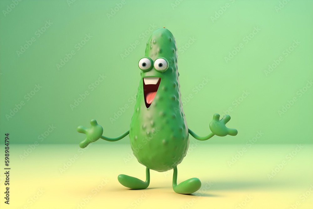 Wall mural cheerful cartoon cucumber character with cute smile. happy funny food personage. healthy food concep