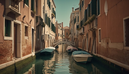 Fototapeta na wymiar Venetian gondolier navigates narrow canal at dusk generated by AI