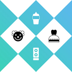 Set Clown head, Stereo speaker, Ice cream in waffle cone and Woman dress icon. Vector