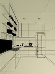 abstract sketch design of kitchen room ,3d rendering