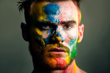Generative AI image of portrait of serious young bearded male with colorful paints on face standing against gray background and looking at camera