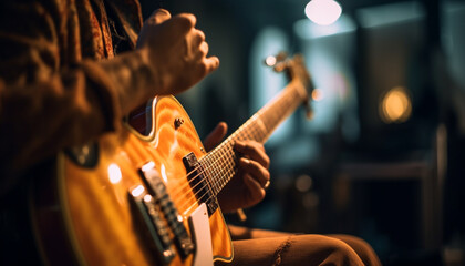 Fototapeta premium Young guitarist plucking strings on acoustic guitar generated by AI