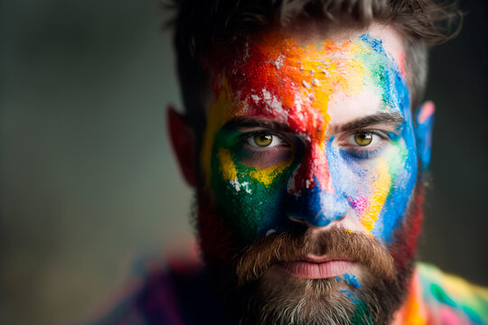 Generative AI image of portrait of serious young bearded male with colorful paints on face standing against gray background and looking at camera