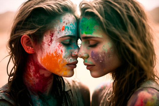 Generative AI image of portrait of young female friends standing and touching foreheads with closed eyes while colorful Holi powder sprayed on face and body against blurred countryside