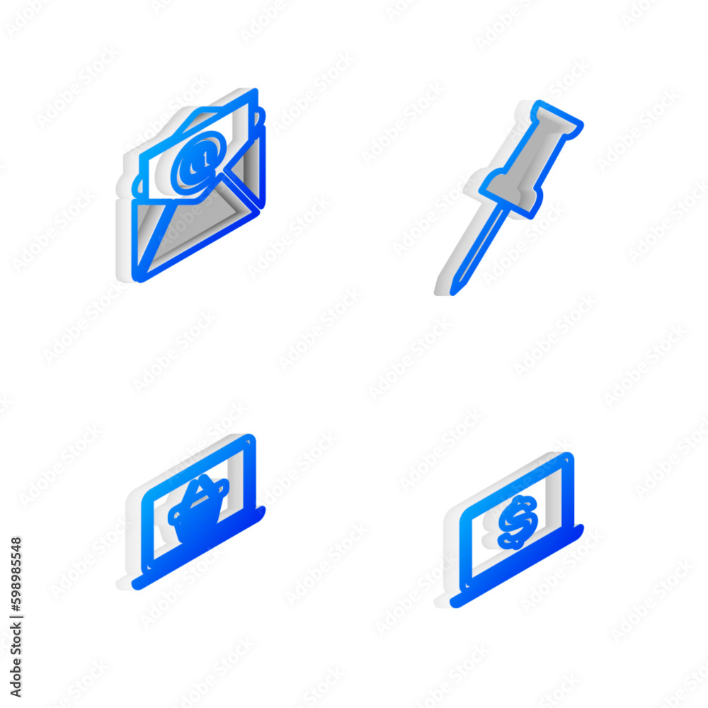 Sticker Set Isometric line Push pin, Mail and e-mail, Shopping basket on laptop and Laptop with dollar icon. Vector