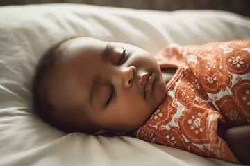 Obraz premium American african newborn baby sleeping in the bed. Generative AI