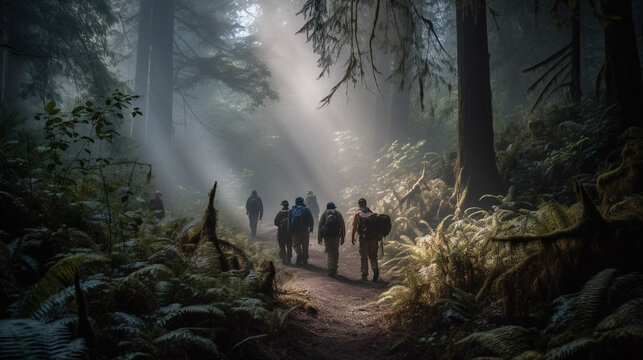 A Group of Friends Hiking Through a Dense Forest on a rainy Day, generative AI