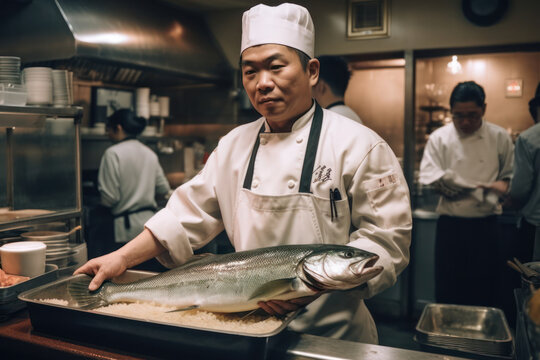 Generative AI image of Chinese male in chef clothes looking at camera while standing with tray of fresh fish and working in dark kitchen with utensils