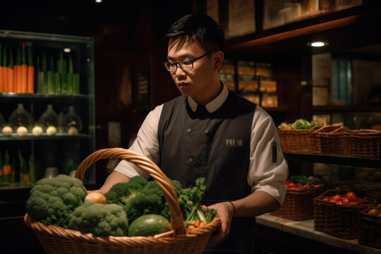 Generative AI image of Chinese male in chef clothes looking at camera while standing with basket of fresh vegetables and working in dark kitchen with utensils