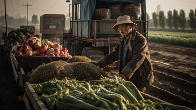 Generative AI image of Chinese male with hat standing near cart with fresh organic harvested vegetables and loading on truck against blurred agriculture fields