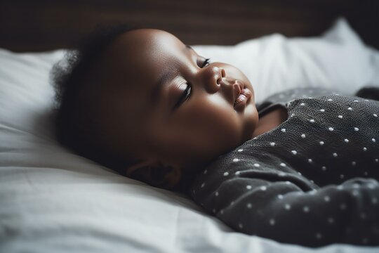 American African Newborn Baby Sleeping In The Bed. Generative AI