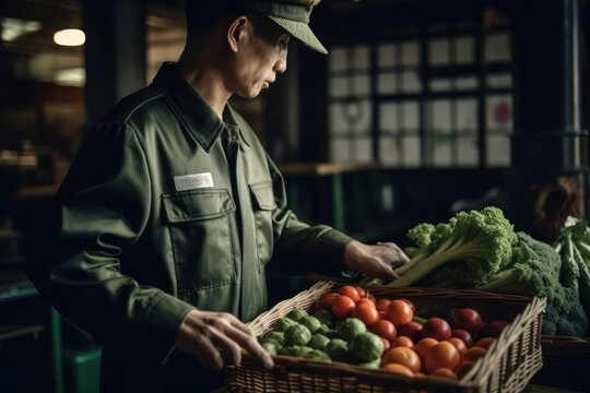 Generative AI image of Chinese male in chef clothes looking at camera while standing with basket of fresh vegetables and working in dark kitchen with utensils