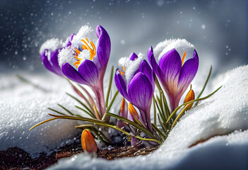 Crocuses - blooming purple flowers making their way from under the snow in spring. Generative ai