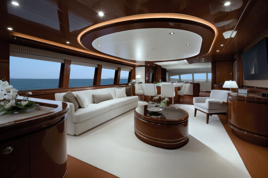 Generative AI illustration of modern spacious living room of luxury yacht
