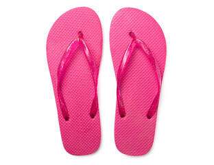 Bright flip flops isolated on white, top view