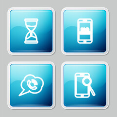 Set line Hourglass, Mobile with FAQ information, Speech bubble phone call and diagnostics icon. Vector