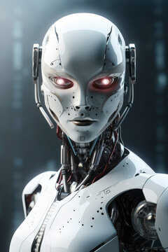AI generated illustration of futuristic female robot of white color looking at camera with shiny eyes on gray backdrop