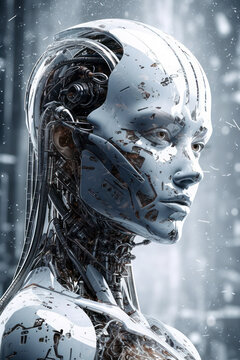 Generative AI illustration of young female detailed cyborg with mechanisms and wires in head against digital technological background