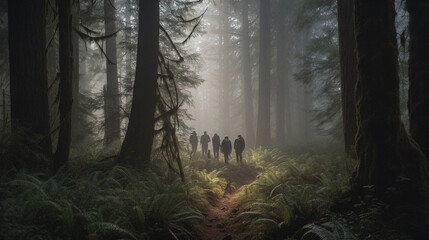 A Group of Friends Hiking Through a Dense Forest on a rainy Day, generative AI