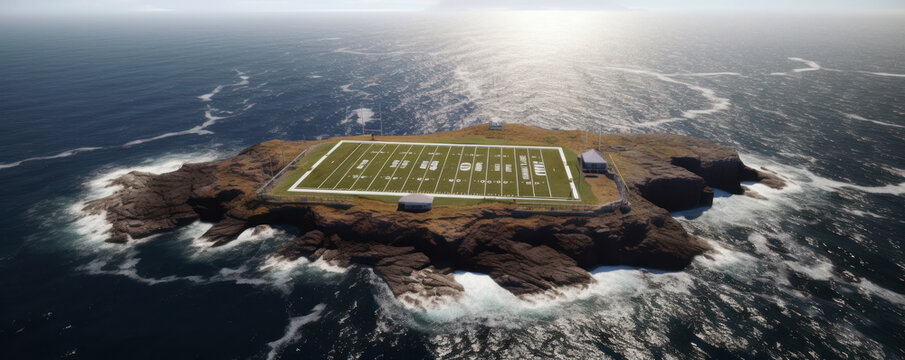 Generative AI illustration of small island with football field surrounded by foamy waves of blue ocean