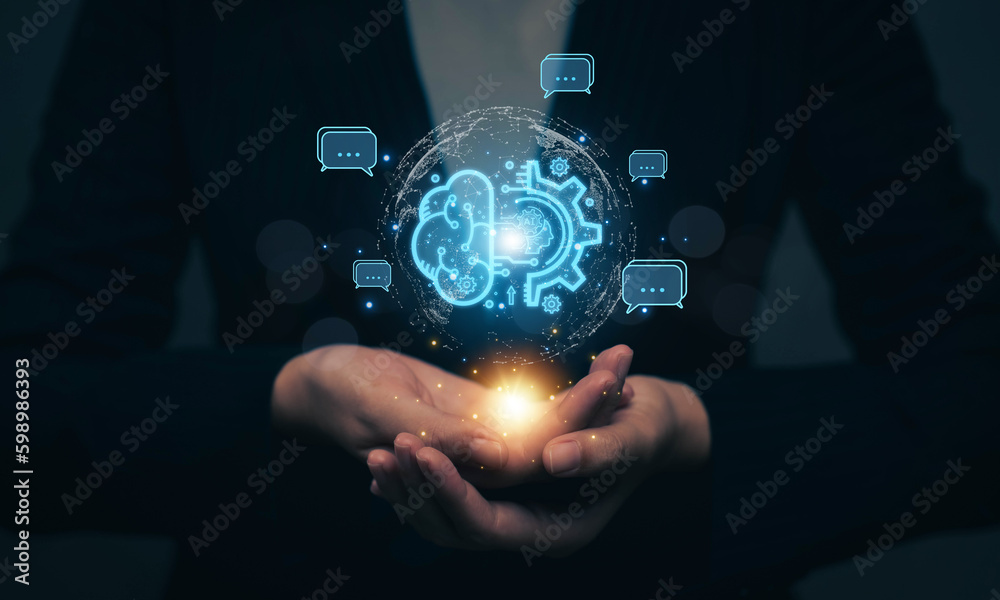 Poster chatbot chat with ai artificial intelligence. concept of using ai technology to help work in order t