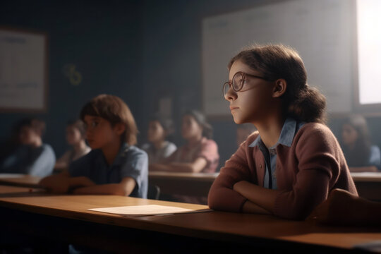 Generative AI illustration of class full of children sitting against chalkboard in modern classroom