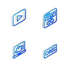 Set Isometric line Video recorder or editor, Play button, Online play video and Record icon. Vector