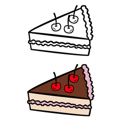 Two Pieces of Chocolate Cherry Cake. Coloring page. Vector Illustration Cake Pieces Decorated Cherries