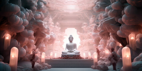 Generative AI illustration of Buddha statue in lotus pose surrounded by burning candles in sacred temple with uneven walls