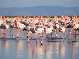A flock of flamingos wading. Generated with AI Technology