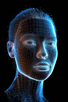 Generative AI illustration of biometric facial recognition or identification technology on human head created in low poly style against black background