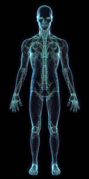 Generative AI illustration of wire frame human body anatomy X ray hologram against black background