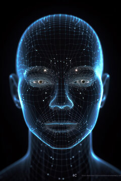 Generative AI illustration of biometric facial recognition or identification technology on human head created in low poly style against black background