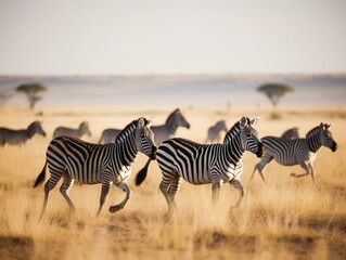 Fototapeta na wymiar A group of zebras running through the. Generated with AI Technology