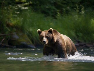 A brown bear fishing. Generated with AI Technology