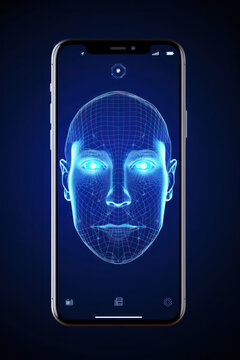 modern cellphone being unlocked with facial scanner or biometric verification