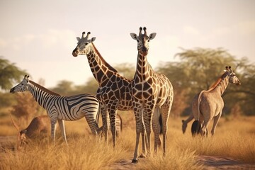 A detailed illustration of a group of animals, such as zebras or giraffes, in a savanna or grassland setting, Generative AI