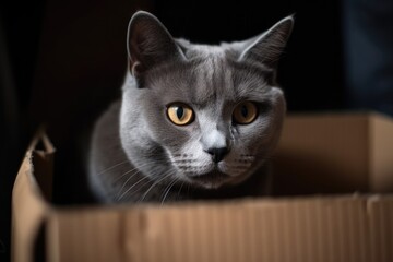 a gray cat peeking out of an old cardboard box Generative AI