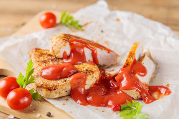 Slices of roast pork meat with tomato and ketchup on a wooden board.