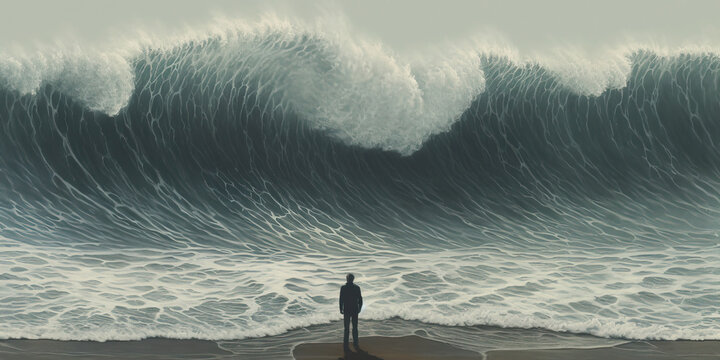 Back view of fearless man standing on sandy beach in front of big wave. Generative AI