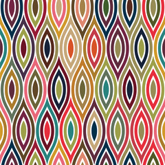 Seamless retro multicolor pattern with striped multicolored oval shape elements on a white background. Abstract decorative shapes. Graphic textile texture in vintage style. Vector illustration.