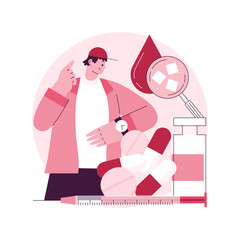 Diabetes medications abstract concept vector illustration. Diabetes mellitus therapy, disease treatment, insulin injection, syringe needle, medical capsule, diabetic diet abstract metaphor.