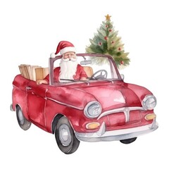 Watercolor illustration of cute Santa Claus on retro car. Funny hand drawn character. Christmas illustration.