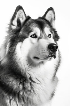 Black and white portrait of Alaskan Malamute dog. Generative AI