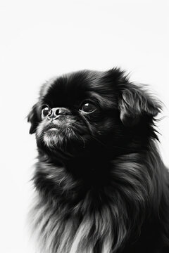 Black and white portrait of Pekingese dog. Generative AI