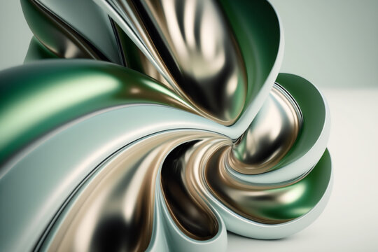 Generative AI illustration abstract background of silver and green shaded wavy texture with shiny satin surface